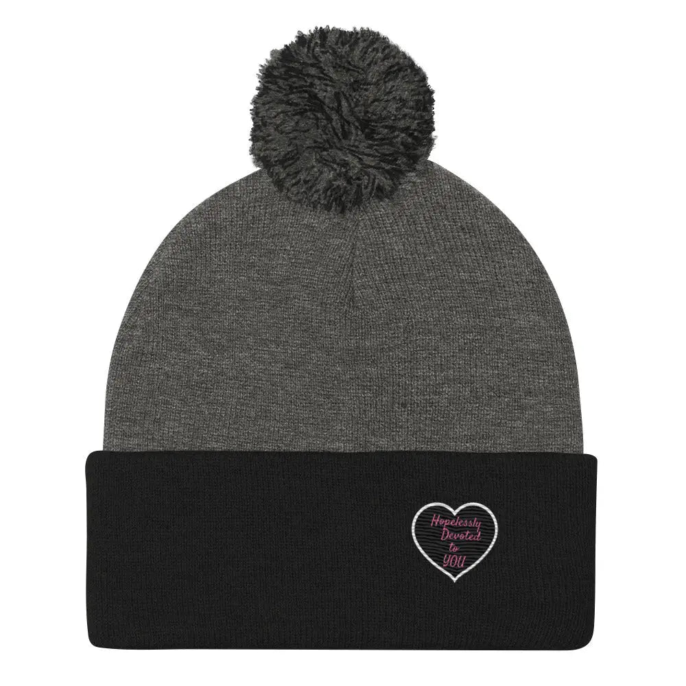 Hopelessly Devoted to You gray knit beanie with embroidered Valentine heart