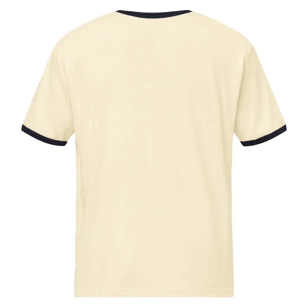 Cream-colored otter vintage inspired ringer T-shirt with navy trim on collar and sleeves