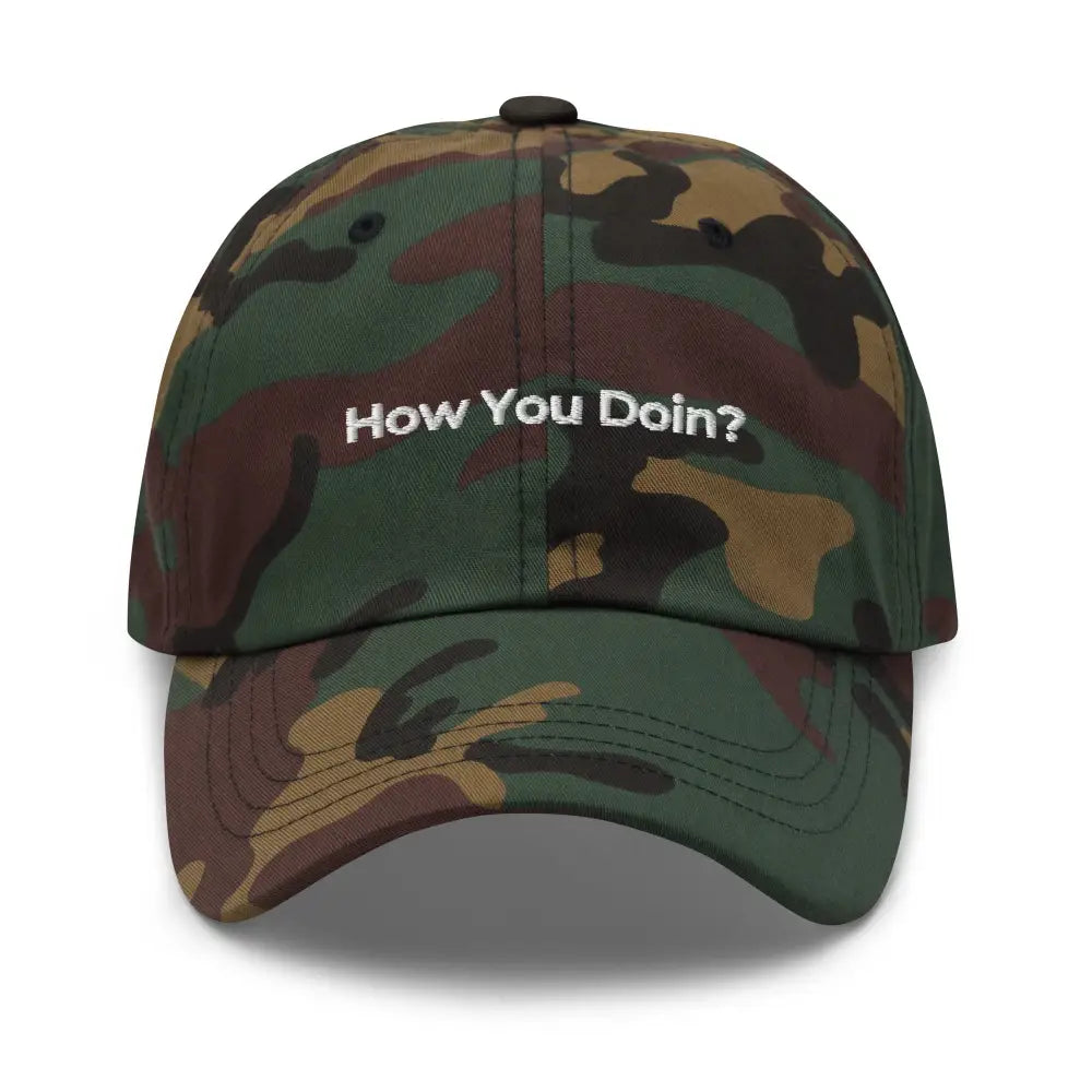 Trini Skies embroidered dad hat in camo print with white text