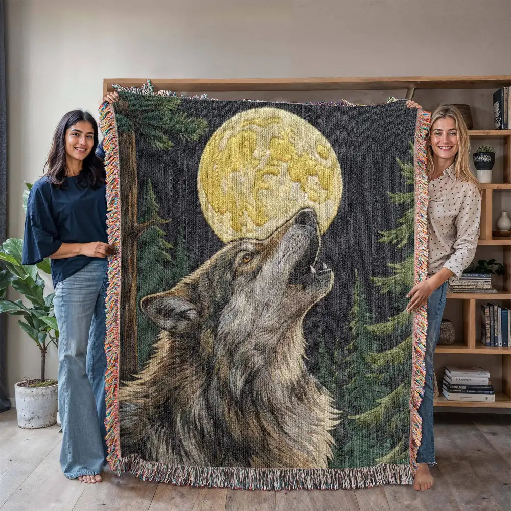 Howling wolf under full moon woven cotton blanket by Trini Skies Graphics