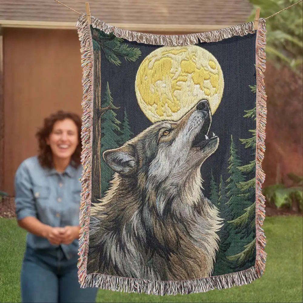 Howling wolf woven cotton blanket by Trini Skies Graphics