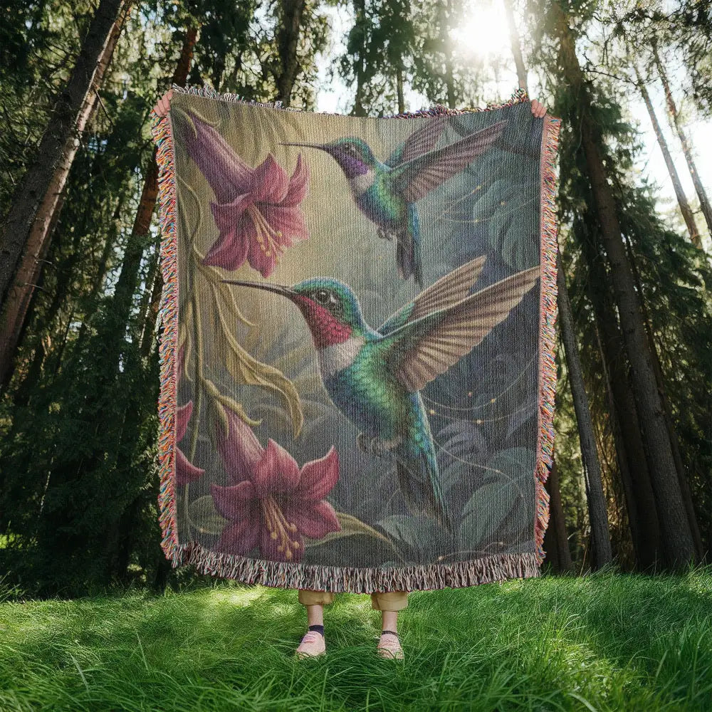Vibrant hummingbirds in orchid canopy botanical art blanket by Trini Skies Graphics