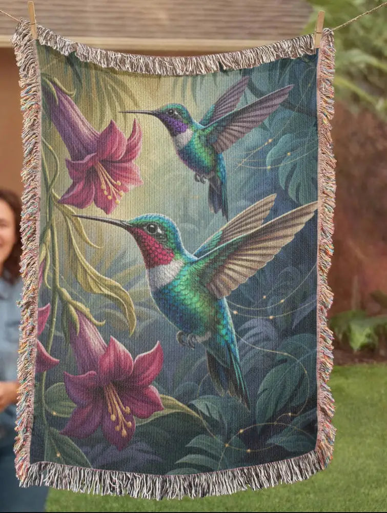 Vibrant hummingbirds botanical art blanket by Trini Skies Graphics
