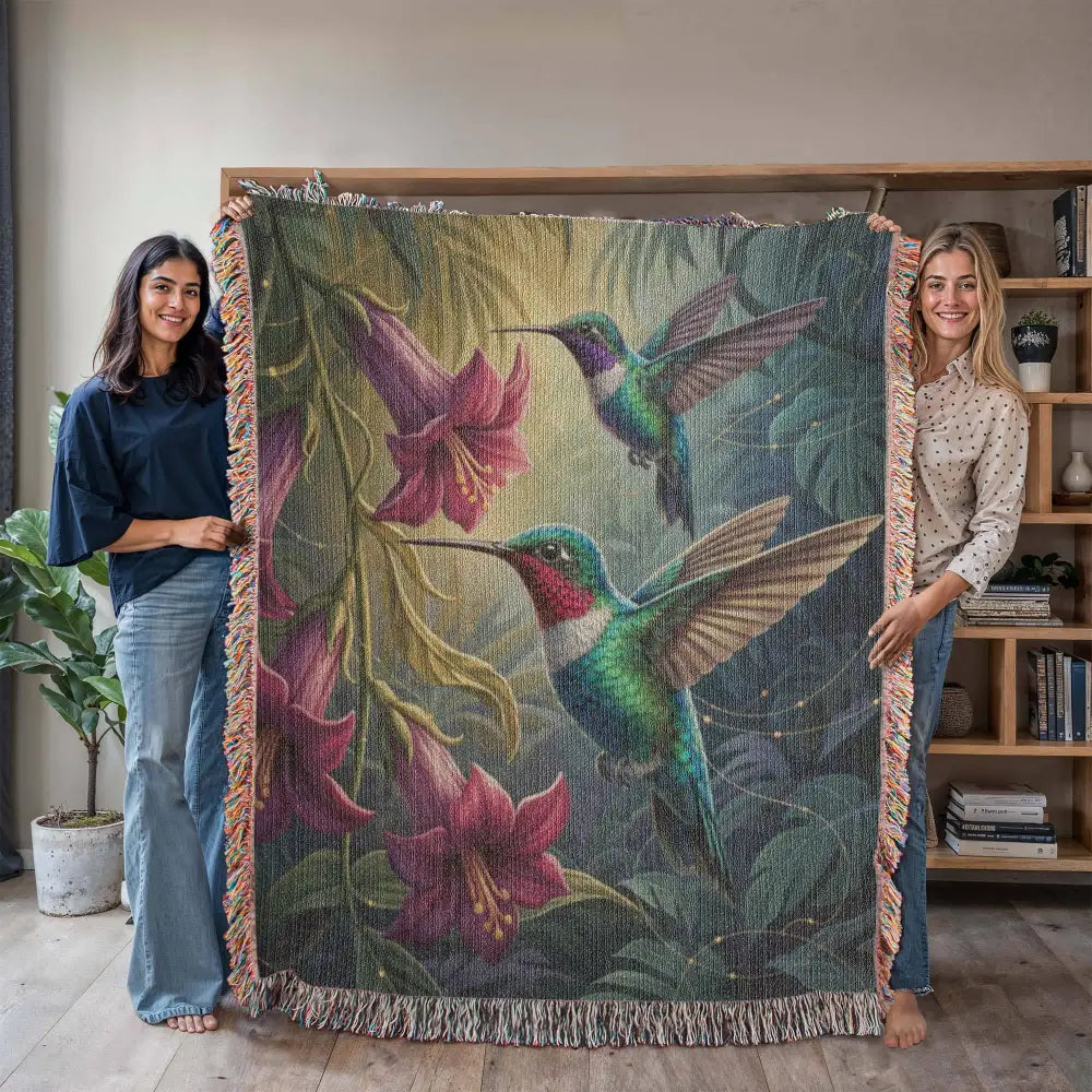 Vibrant hummingbird pink flower tapestry blanket by Trini Skies Graphics