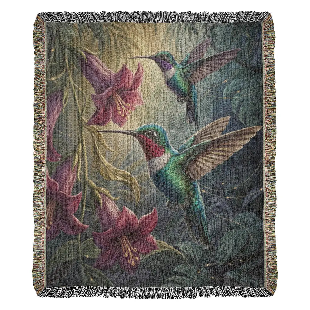 Vibrant hummingbirds in orchid canopy botanical art blanket by Trini Skies Graphics