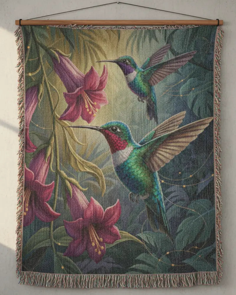 Vibrant hummingbird botanical art blanket by Trini Skies Graphics