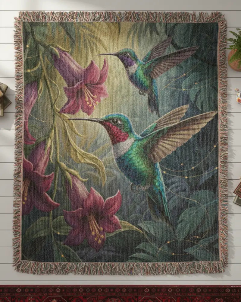 Vibrant hummingbirds in pink lilies woven botanical art blanket by Trini Skies Graphics