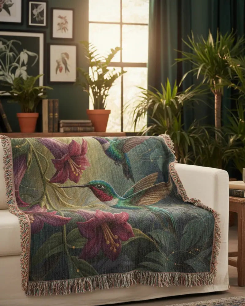 Cozy Hummingbirds in Orchid Canopy botanical art blanket by Trini Skies Graphics