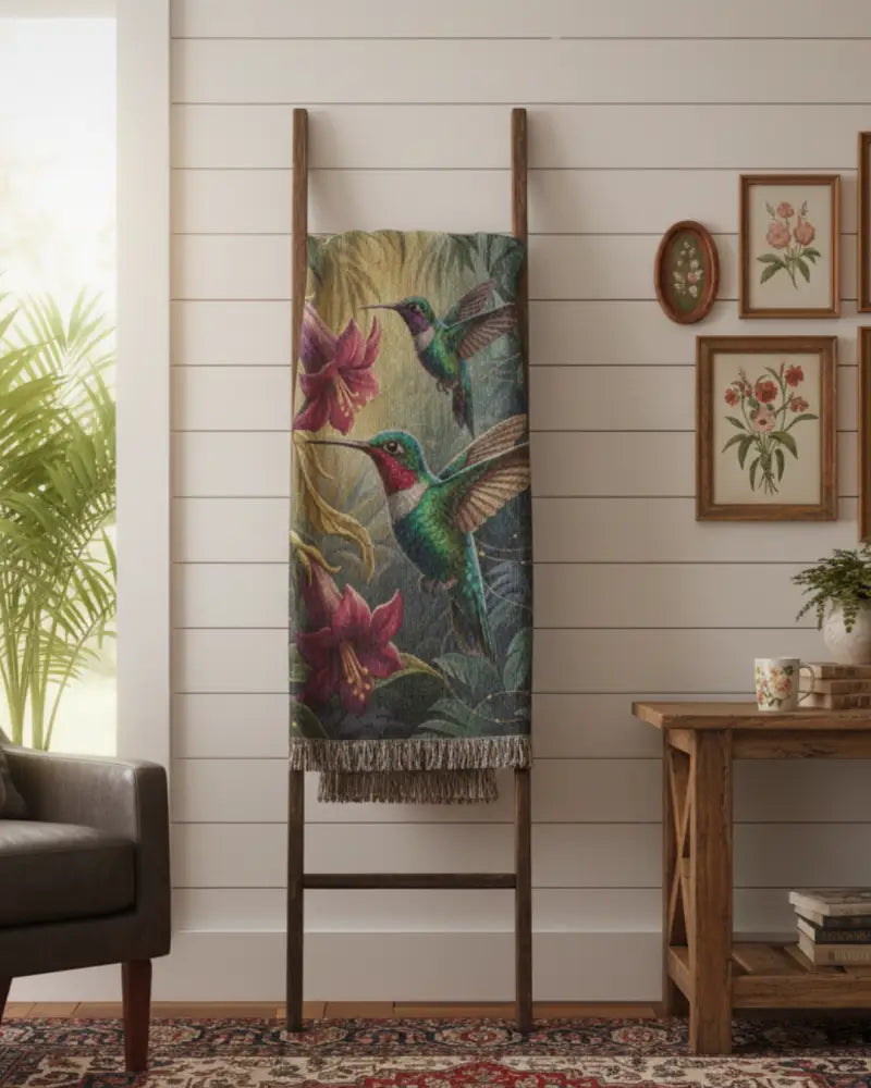 Hummingbirds in Orchid Canopy botanical art blanket by Trini Skies Graphics