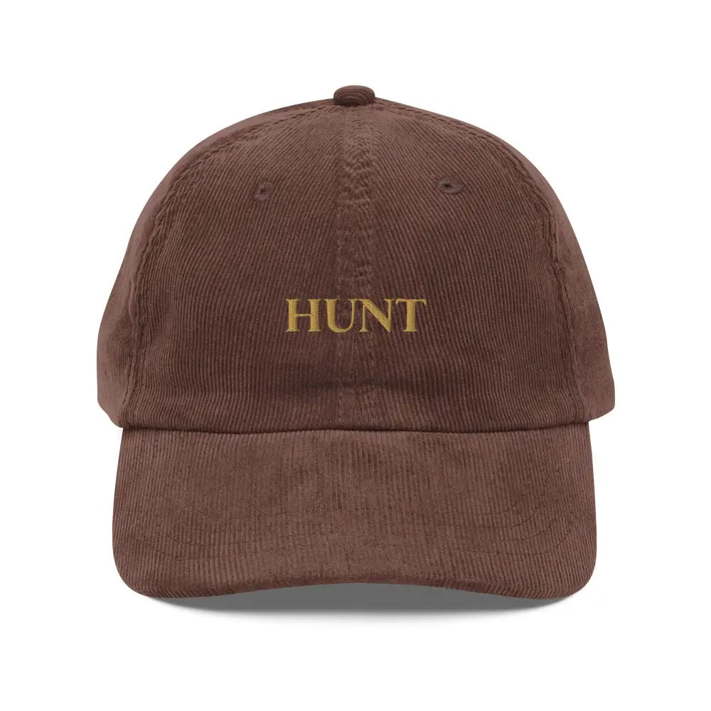 Brown embroidered vintage corduroy cap with Hunt in gold