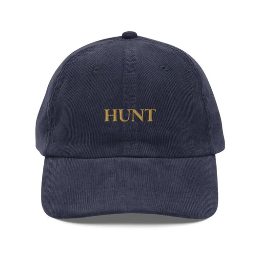 Hunt Embroidered Vintage Corduroy Cap | Classic Outdoorsman Hat - Navy - Hats navy blue corduroy baseball cap 1