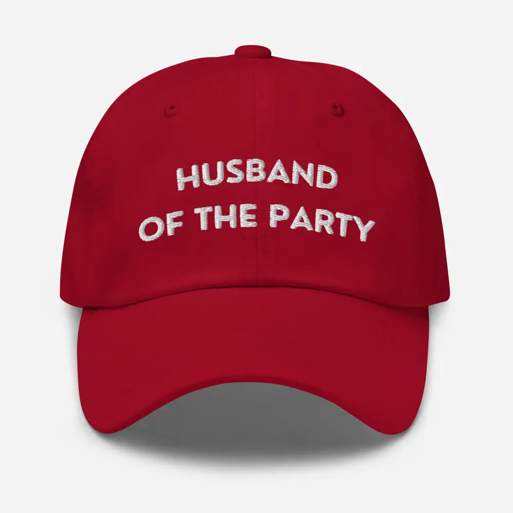Red party embroidered dad cap with white text