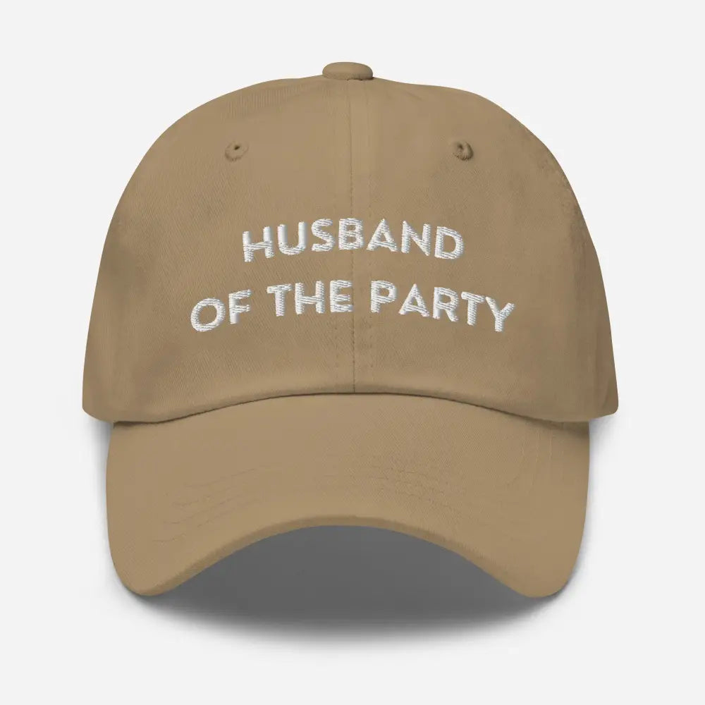 Tan party embroidered dad baseball cap with white text