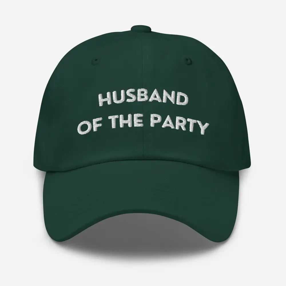 Dark green embroidered dad cap with white text, party embroidered dad style