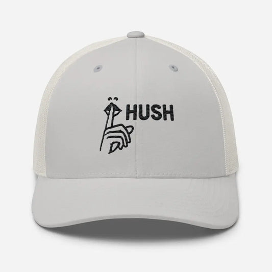 Hush Embroidered Trucker Cap – Comfortable Mesh Back Hat for Every Day Trending - Silver - Hats white trucker hat hush