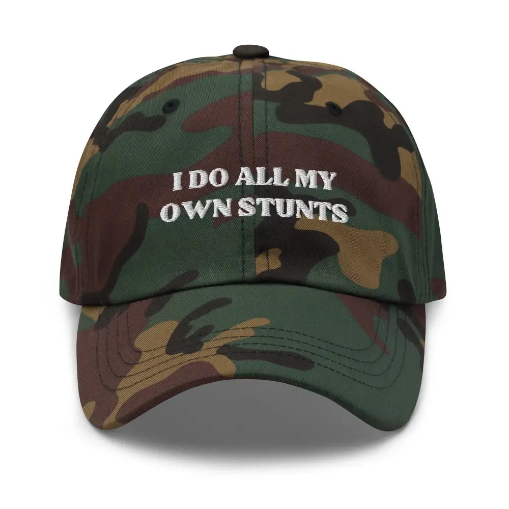 Trini Skies embroidered dad hat in camouflage with white text