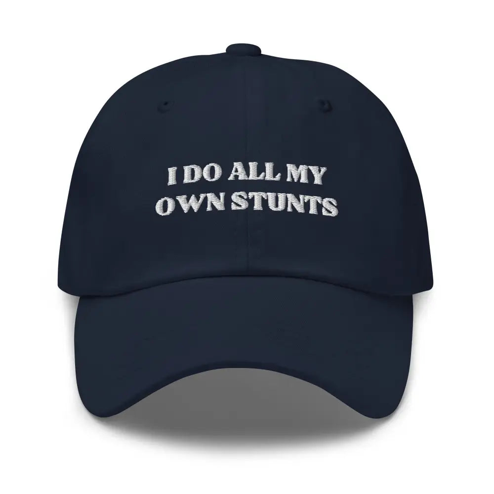 Trini Skies embroidered dad hat in navy blue with white text