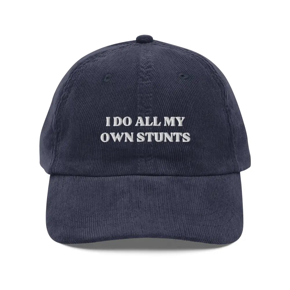 Dark blue vintage corduroy cap with Trini Skies stunts embroidered text