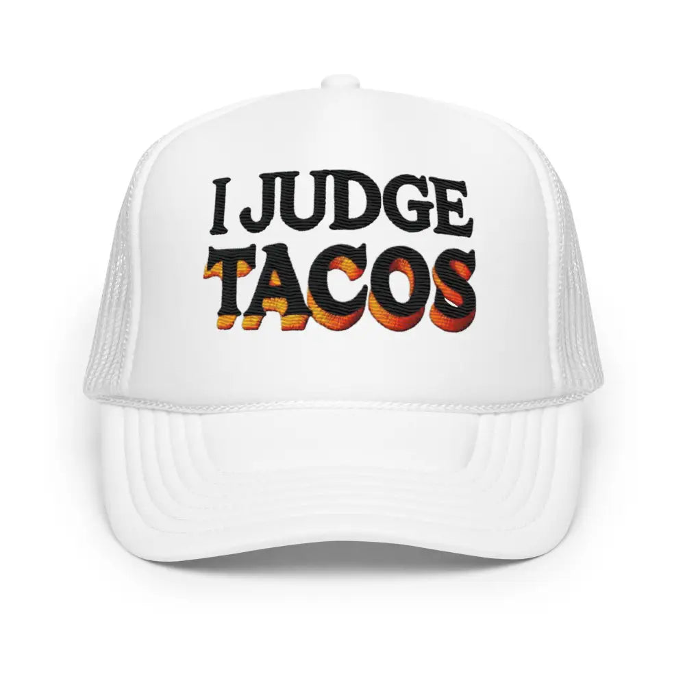 White Judge Tacos embroidered foam trucker hat in black and orange