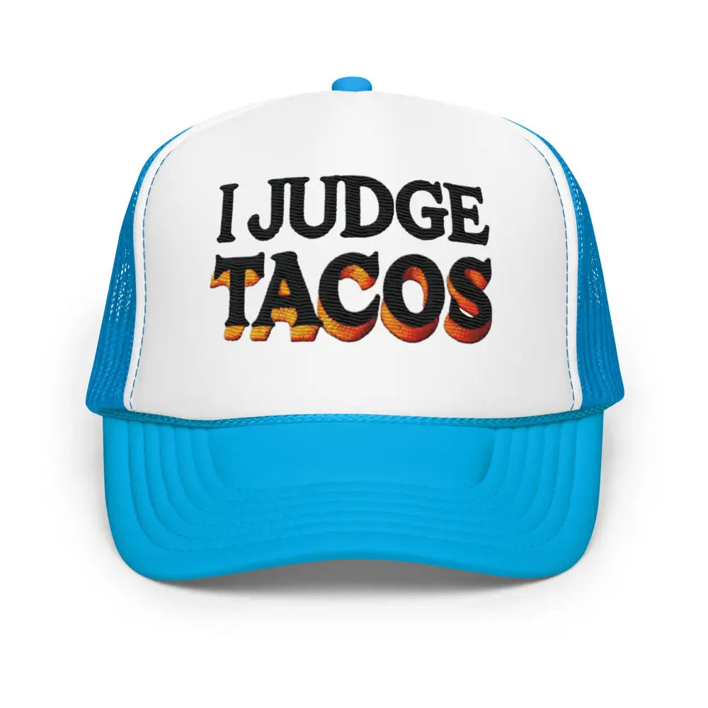 White and blue Judge Tacos embroidered foam trucker hat