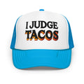 White and blue Judge Tacos embroidered foam trucker hat