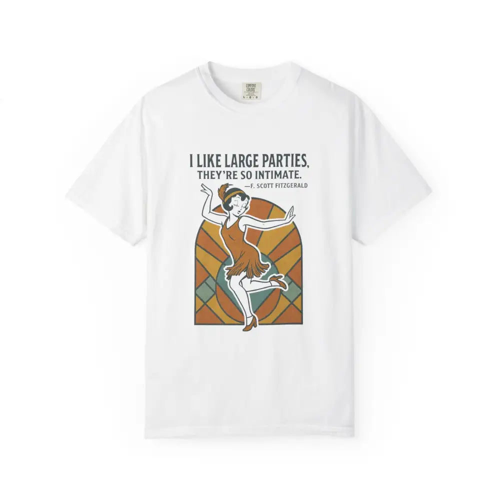 White Great Gatsby flapper t-shirt with Trini Skies art deco party quote