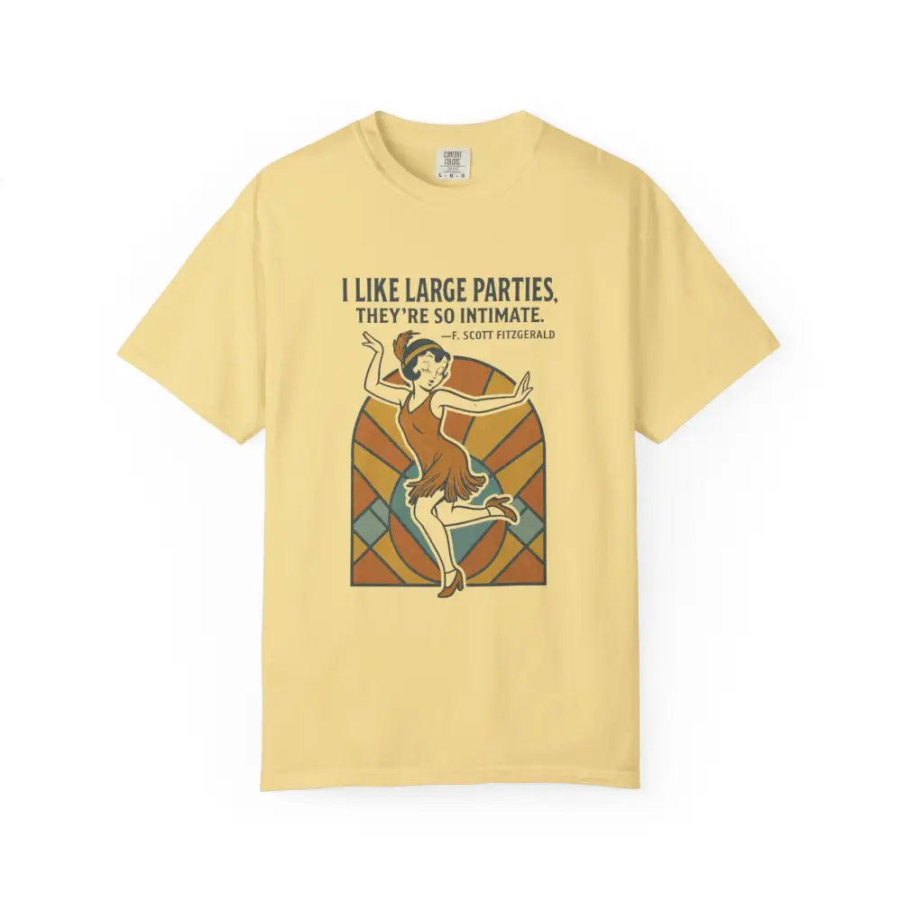 Pale yellow flapper t-shirt with Great Gatsby party dancer graphic