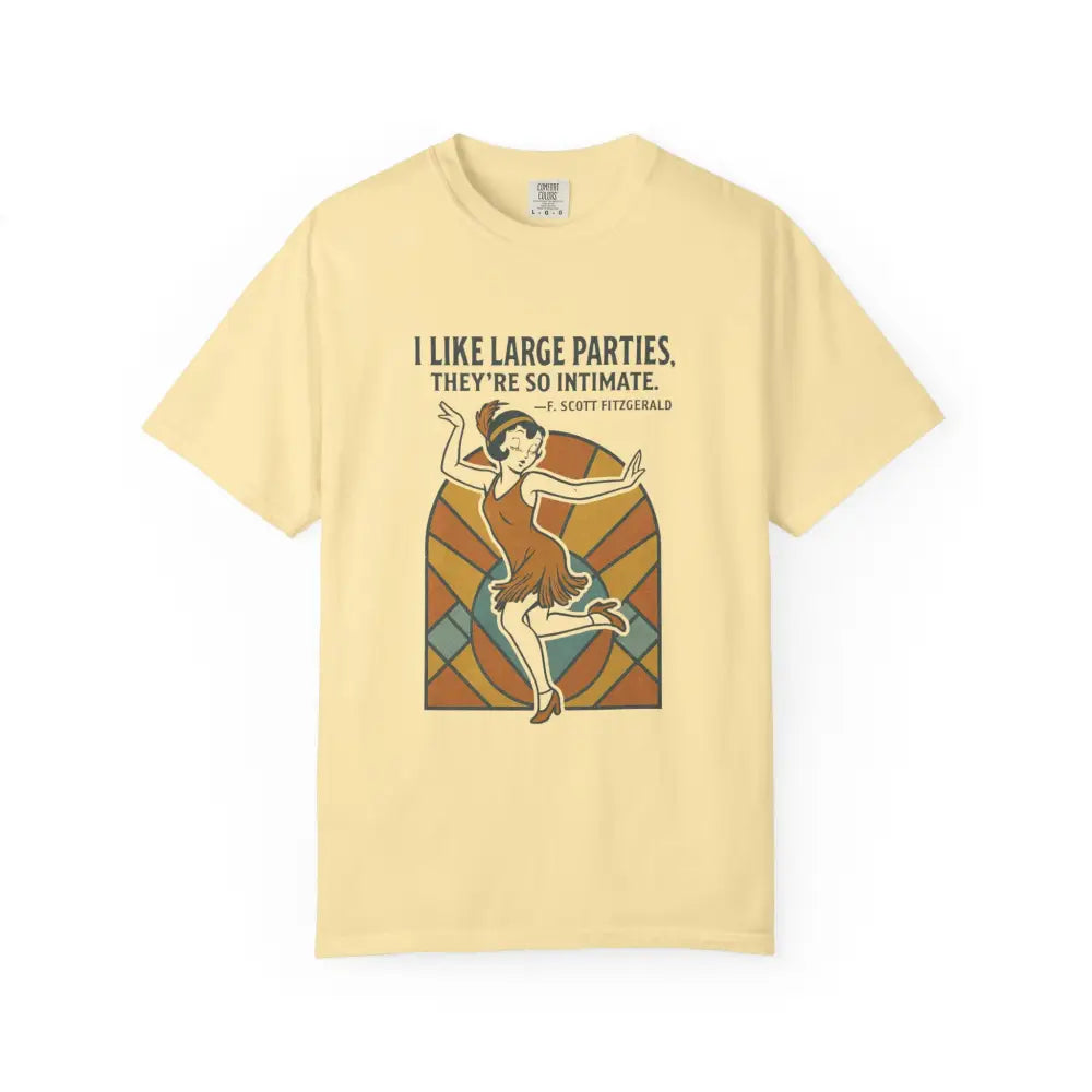Yellow short-sleeved flapper t-shirt with Great Gatsby party graphic