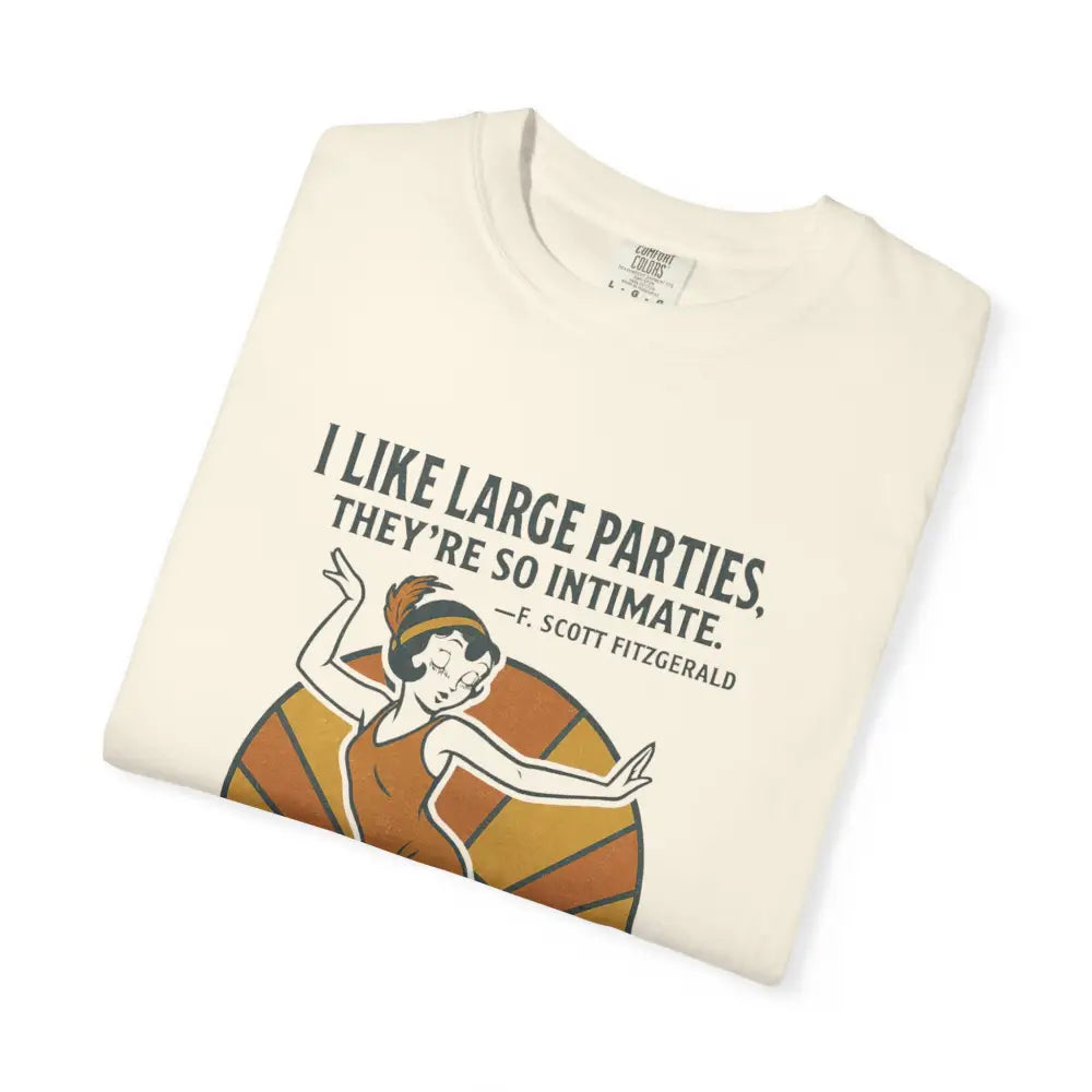 Cream-colored short-sleeved t-shirt with Great Gatsby party flapper graphic