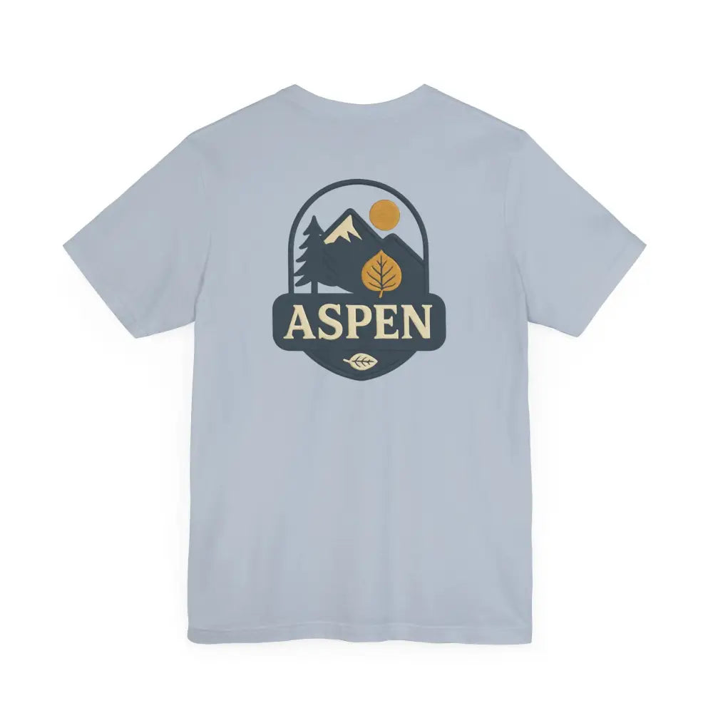 Light blue Bella Canvas Aspen Division tee with iconic Aspen Tree graphic and mountain design