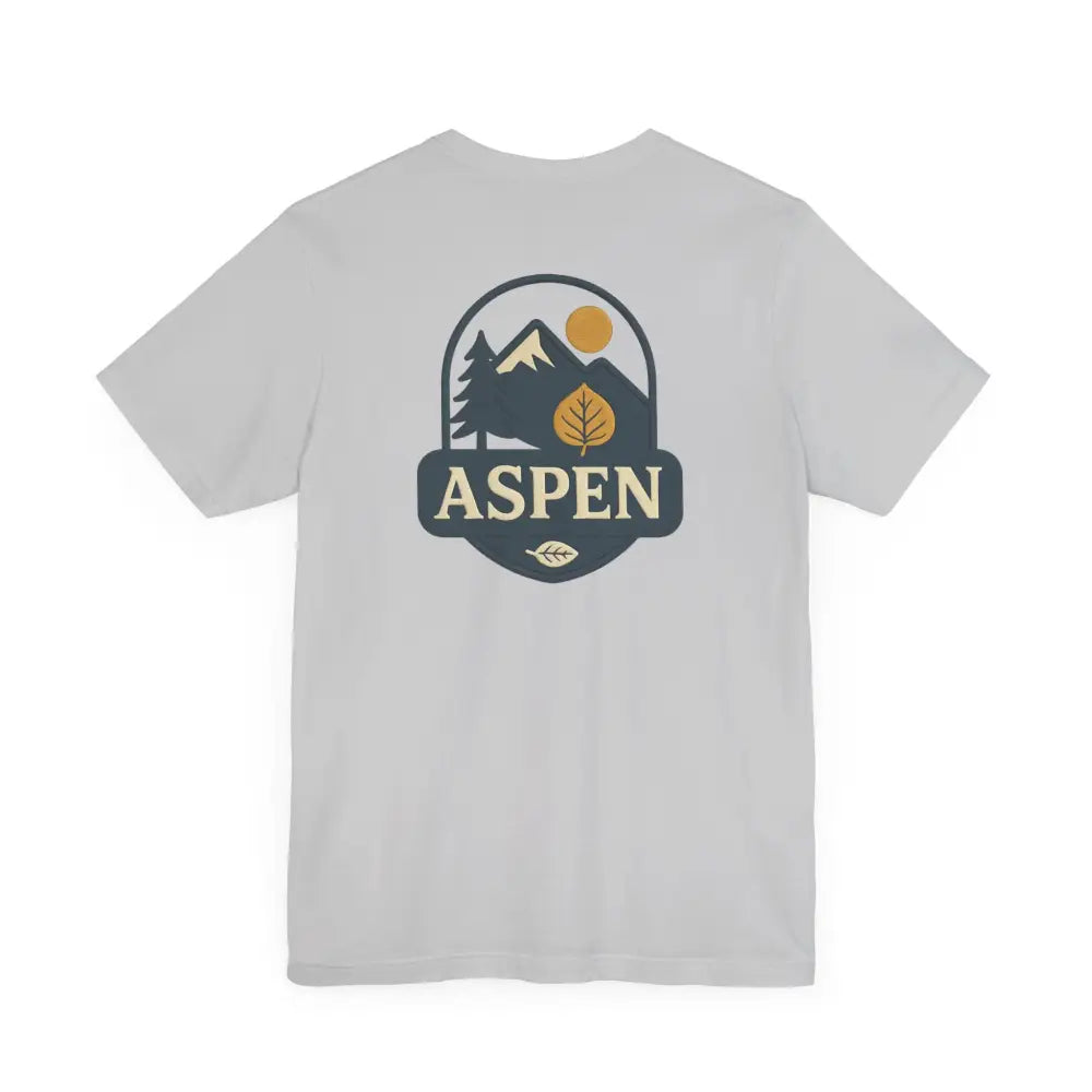 Light grey Bella Canvas Aspen Division tee with colorful mountain and iconic Aspen Tree graphic
