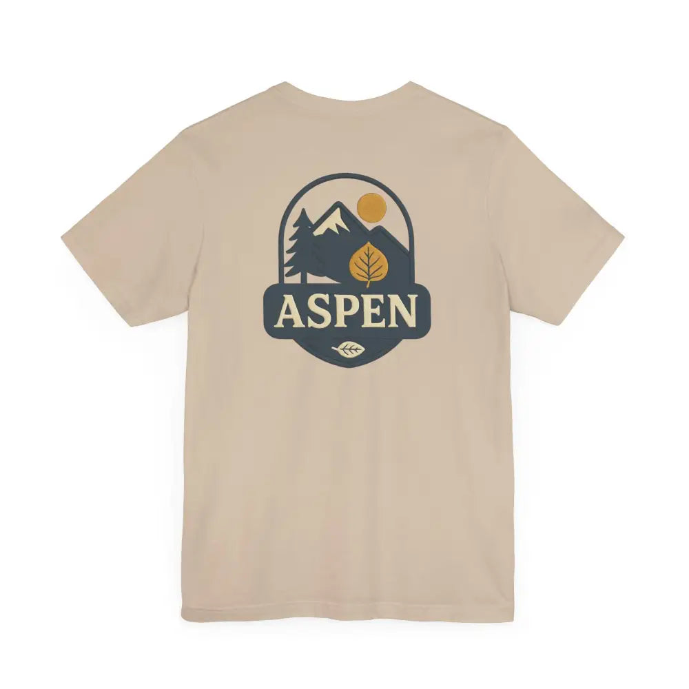 Tan short-sleeved T-shirt with iconic aspen tree graphic from Bella Canvas Aspen Division