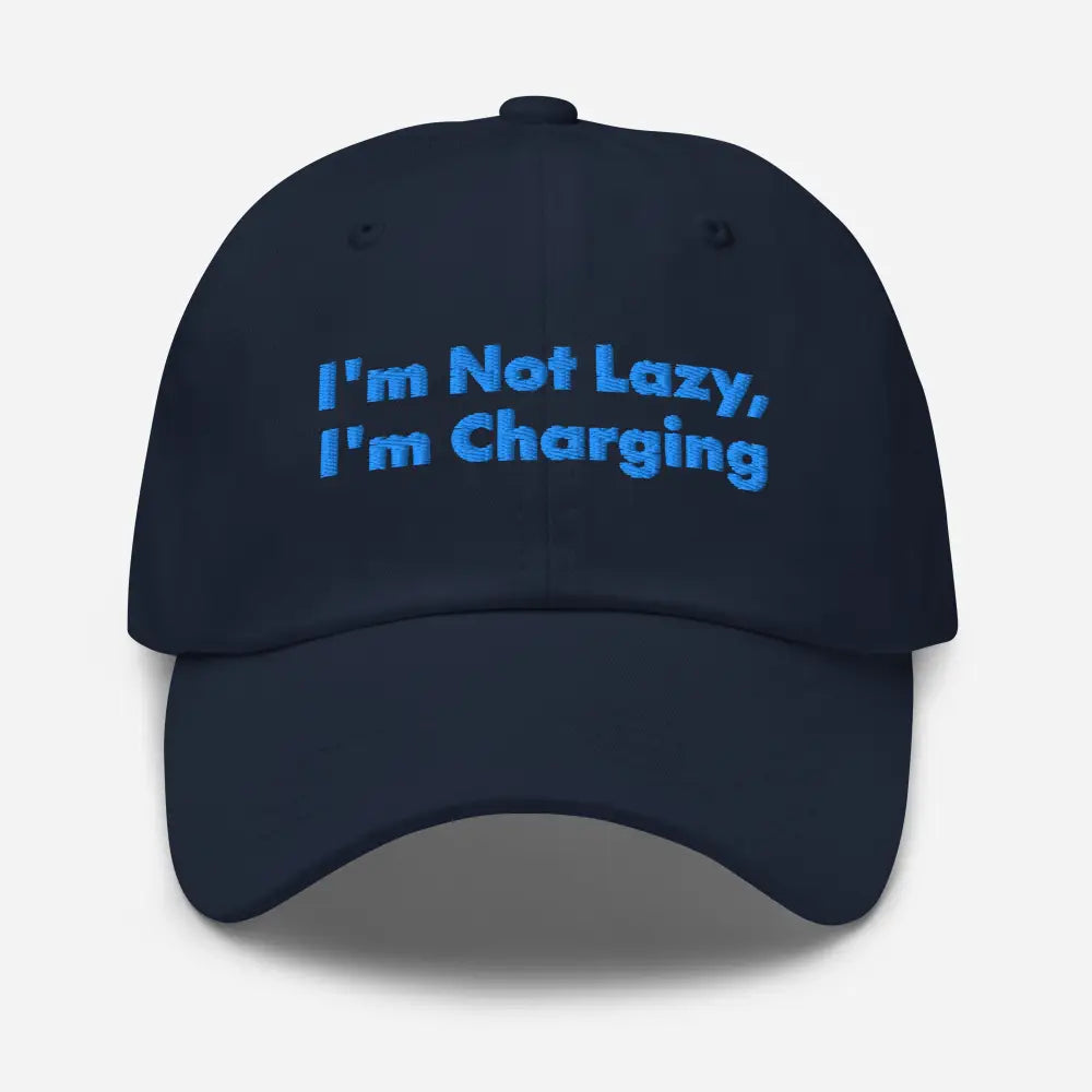 Navy blue charging dad hat with light blue embroidered text