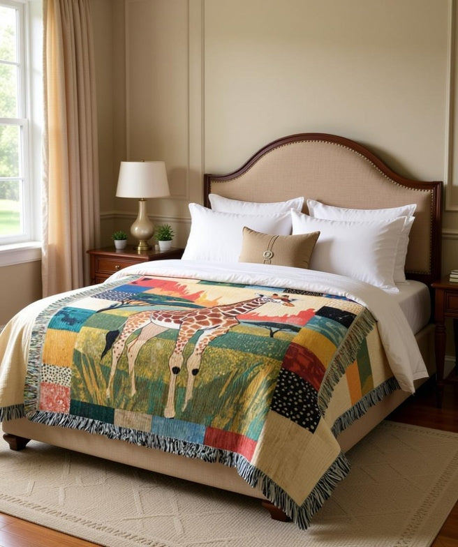 Giraffe Woven Blanket – Art Textile Throw with Patchwork Border, Nature-Inspired Home Decor Gifts