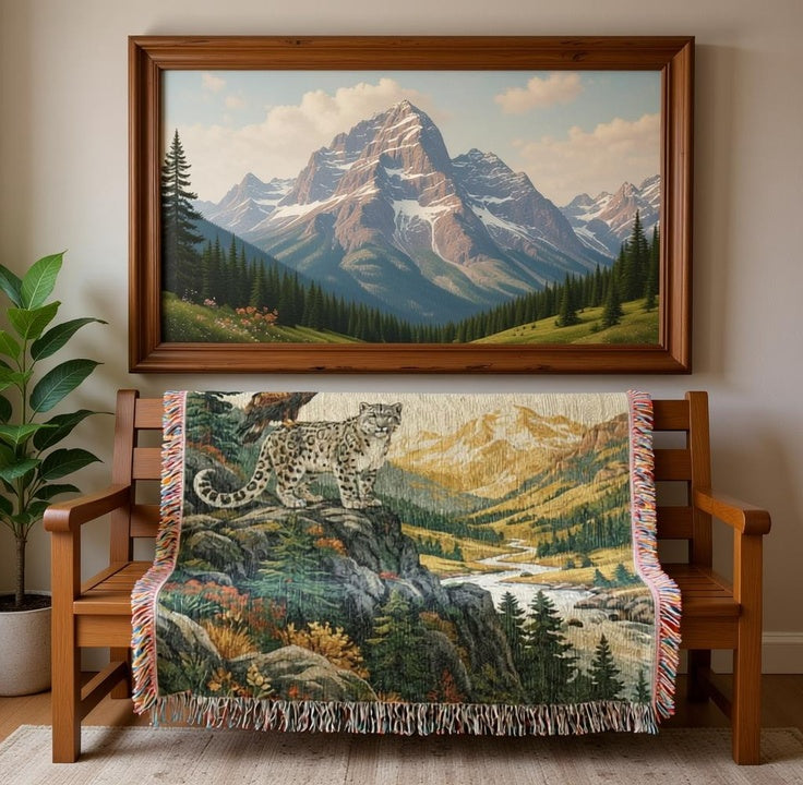 Snow Leopard & Golden Eagle Woven Cotton Blanket – Alpine Wildlife Throw Nature Lover Gifts
