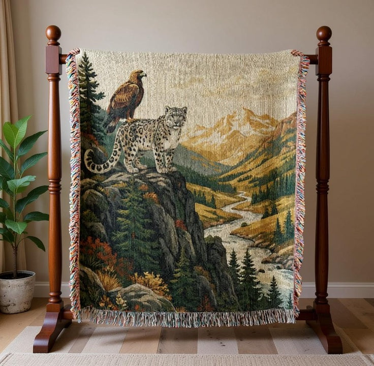 Snow Leopard & Golden Eagle Woven Cotton Blanket – Alpine Wildlife Throw Nature Lover Gifts