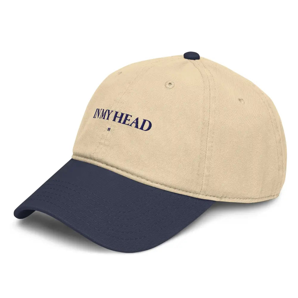 Beige and navy head embroidered cap with In My Head design