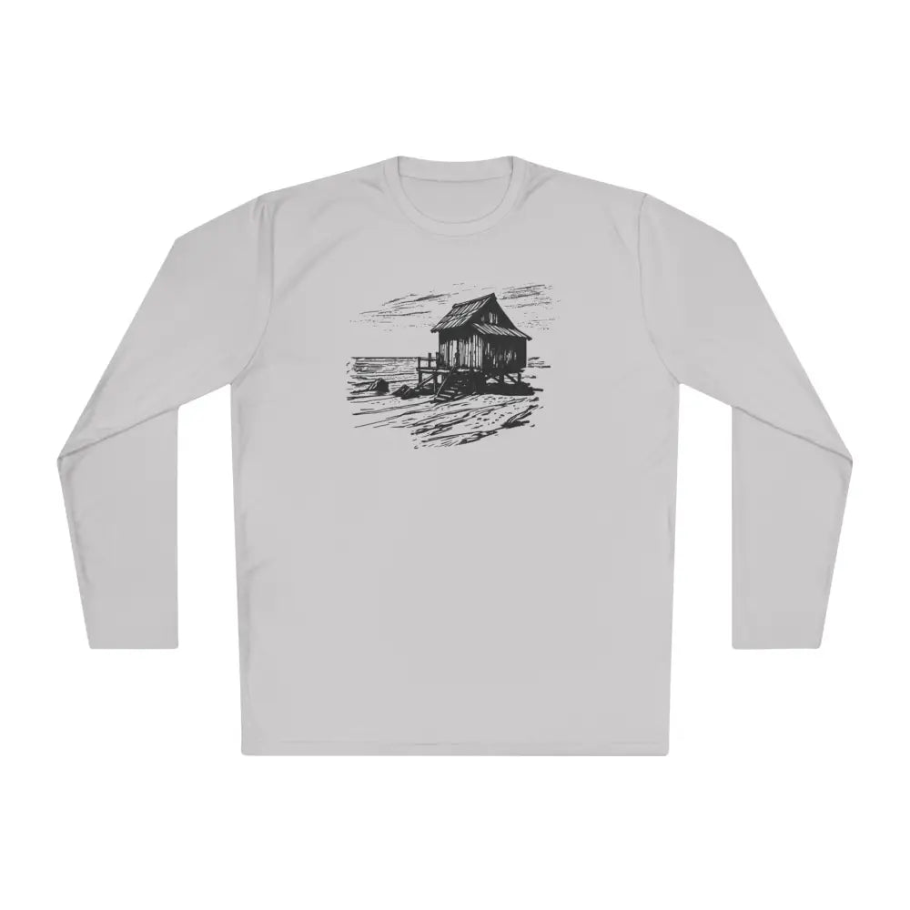 Light grey Island Hut UV tee with seaside shack sketch, embrace island vibes