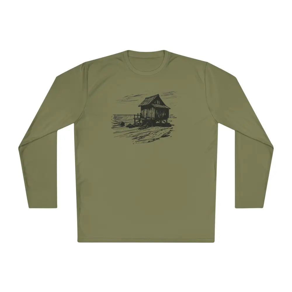 Island Hut olive green long-sleeve tee with beach shack graphic embracing island vibes