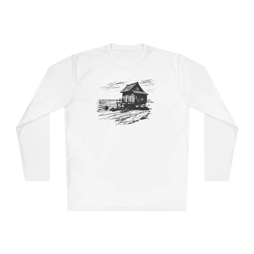 White long-sleeve tee with beach shack line art, embrace island vibes