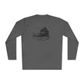 Island Hut long-sleeve tee with house on stilts graphic, embrace island vibes