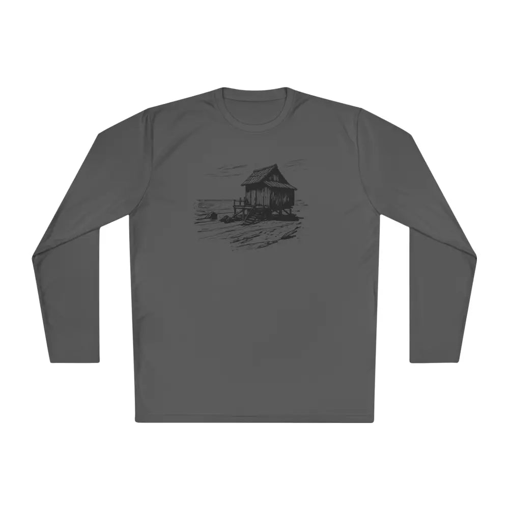Island Hut long-sleeve tee with house on stilts graphic, embrace island vibes