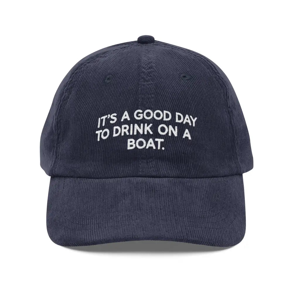 Dark blue embroidered vintage corduroy cap with boat design and adjustable strap