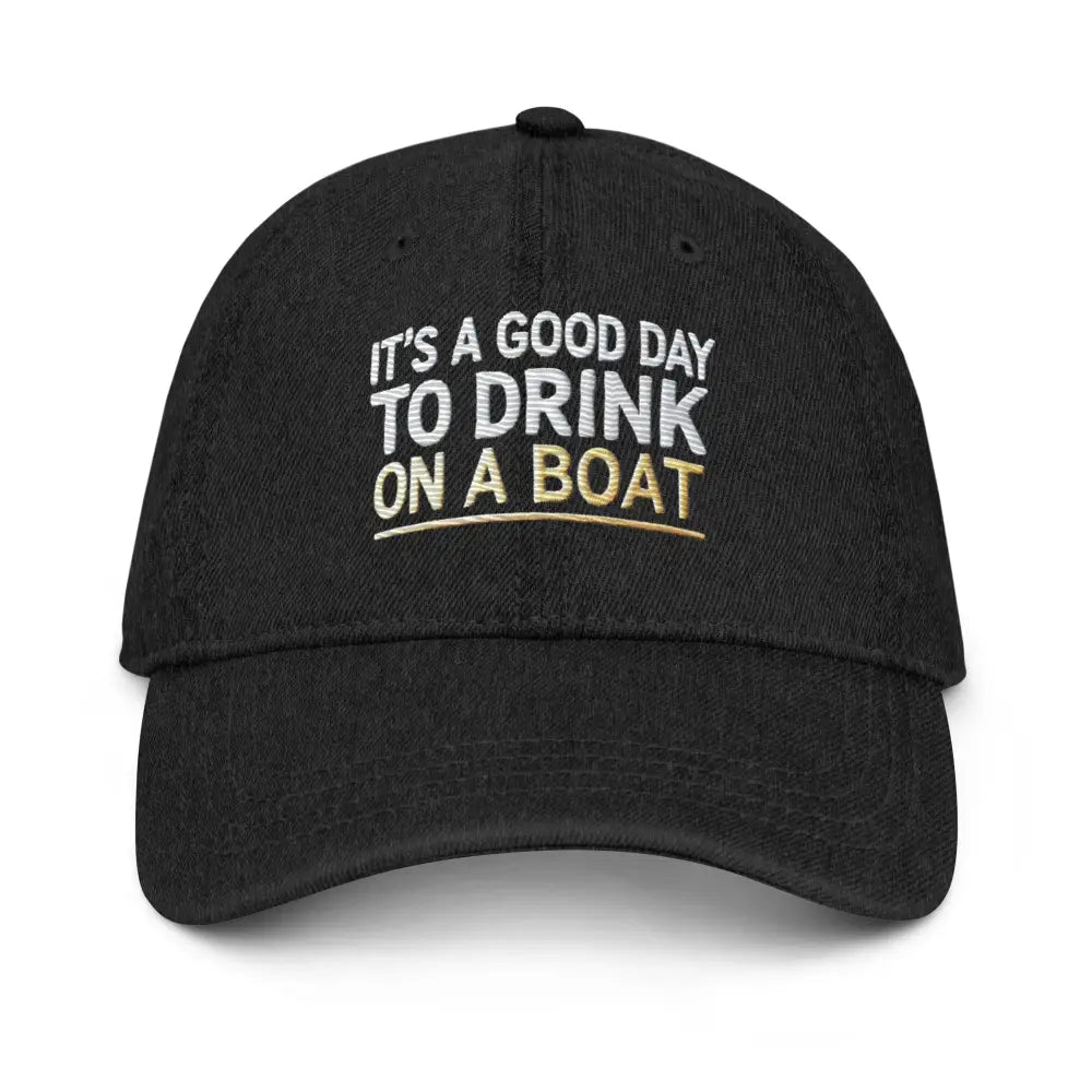 Black boat embroidered denim nautical party cap with white gold text