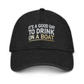 Black boat embroidered denim nautical party cap with white gold text