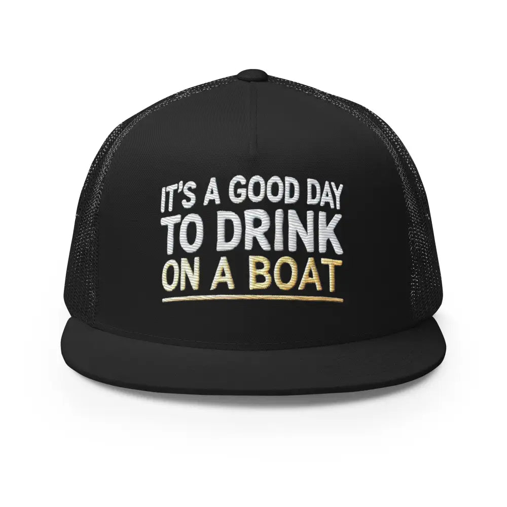 Black boat-ready trucker hat with white gold embroidered text