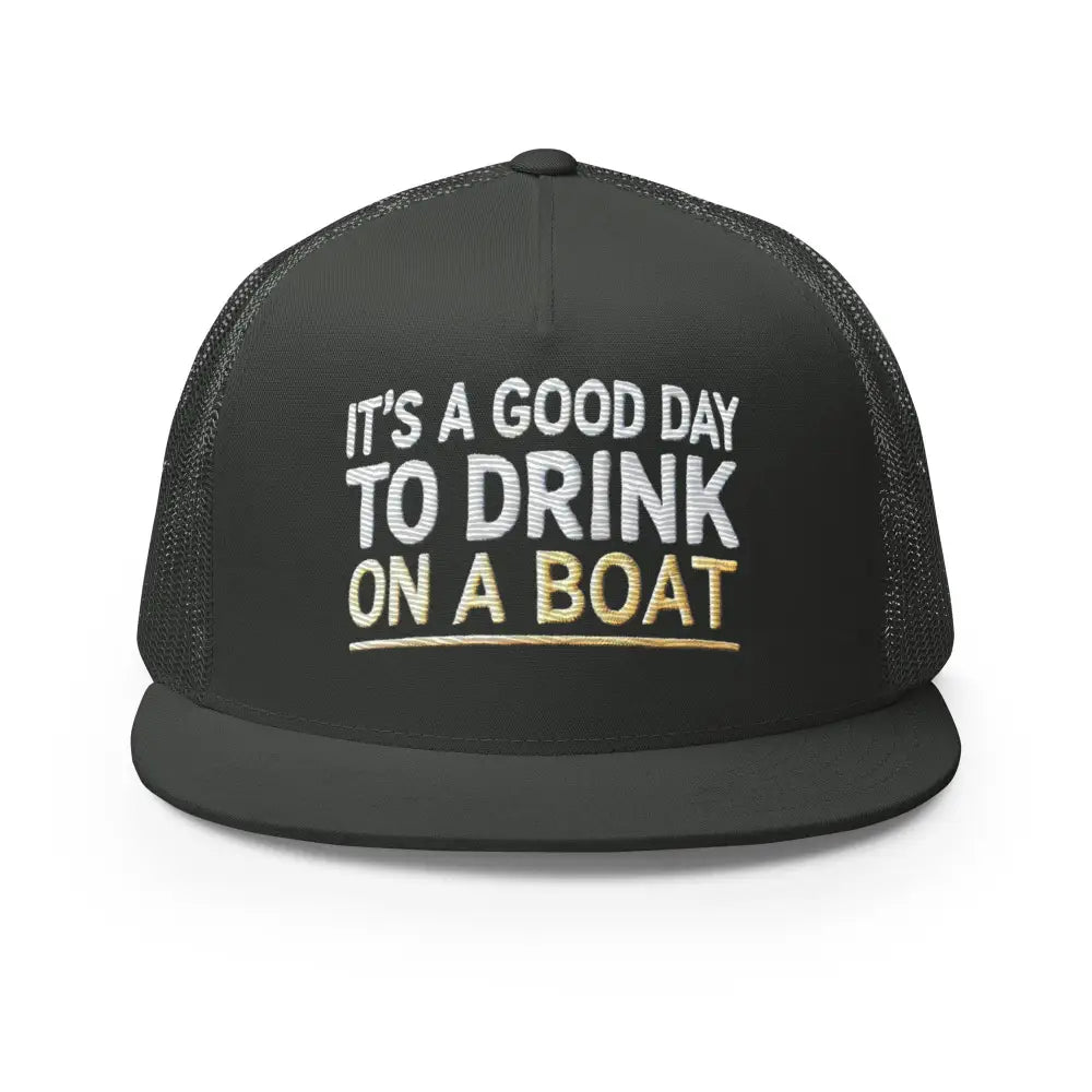 Black boat-ready trucker hat with white gold embroidered text
