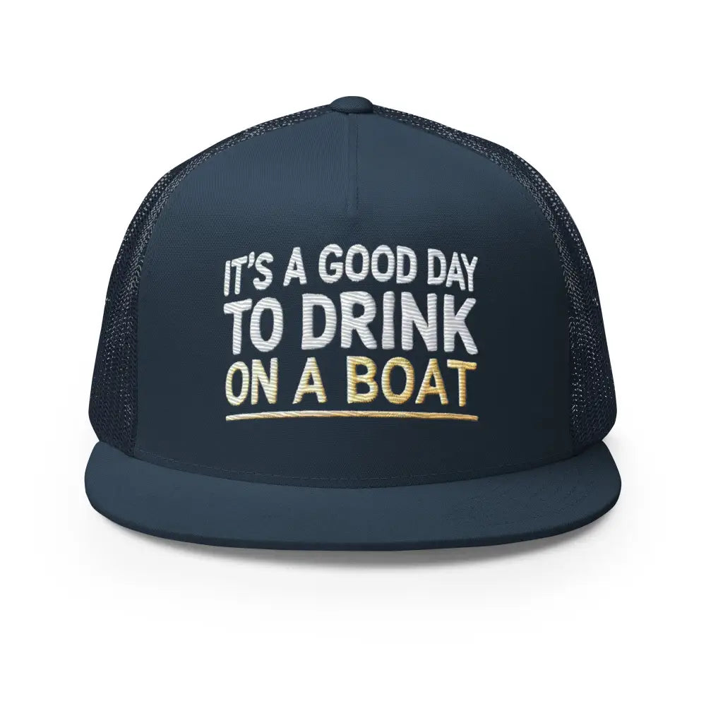Dark blue boat-ready trucker hat with white gold embroidered text