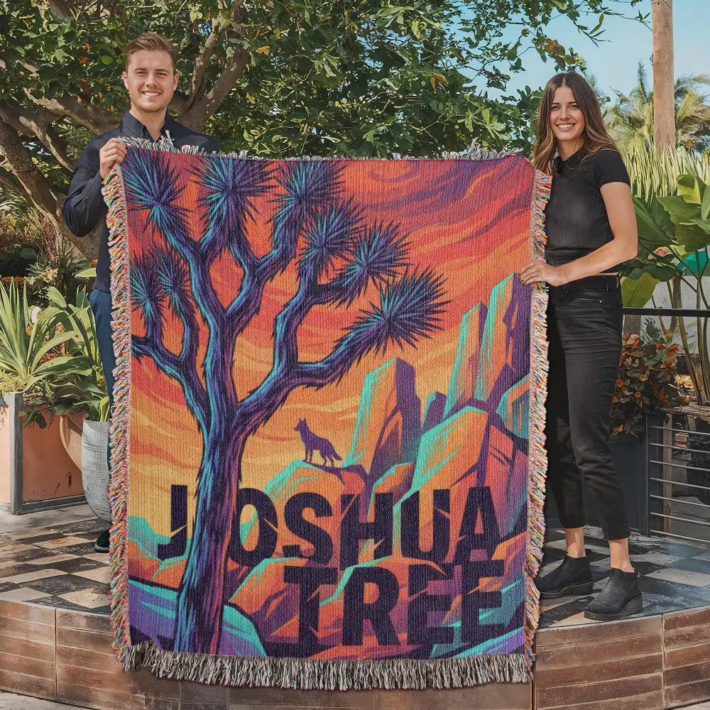 Joshua tree woven cotton blanket with desert landscape throw design