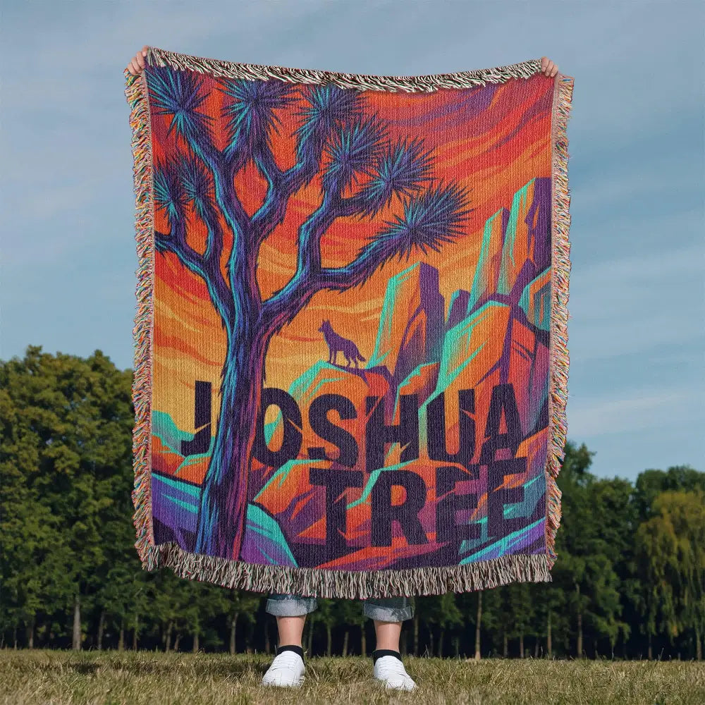 Joshua tree woven cotton blanket with desert landscape throw design
